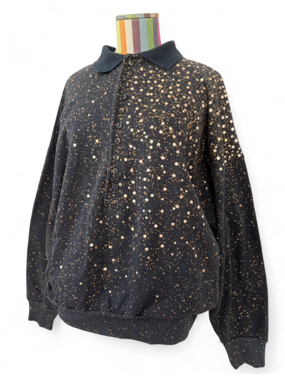Vintage Splatter Paint Embellished Sweatshirt Button Up Collared Gold Circles